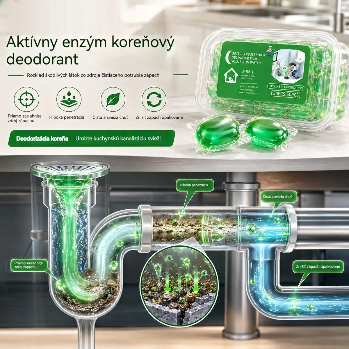 【Kup 1, dostaneš 1 zdarma】2 balení (100 ks) – 🔥 Oblíbený produkt! Kapsle do odtoků, rozpustné ve vodě, eliminují zápach, chrání před návratem pachu v koupelně a kuchyni