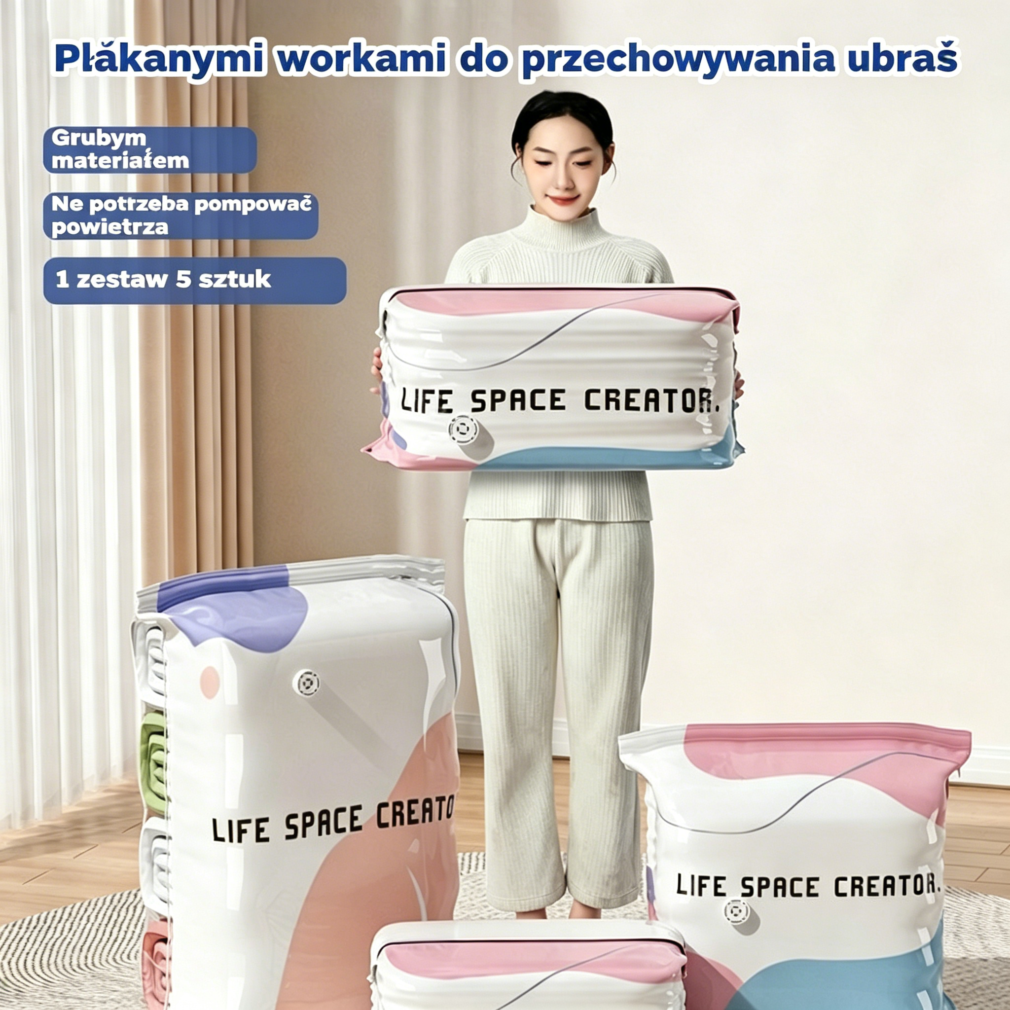 👕📦 [Sada 5 kusů!] Vakuové úložné pytle na oblečení – bez nutnosti použití pumpy | Zesílené provedení s dvojitým těsněním účinně brání prasknutí a úniku vzduchu.