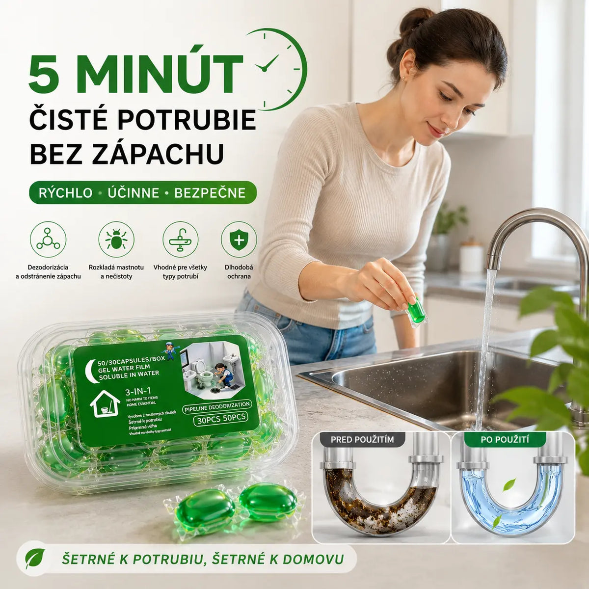 【Kup 1, dostaneš 1 zdarma】2 balení (100 ks) – 🔥 Oblíbený produkt! Kapsle do odtoků, rozpustné ve vodě, eliminují zápach, chrání před návratem pachu v koupelně a kuchyni