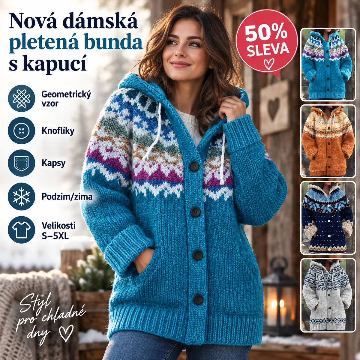 🔥50% SLEVA🔥 ✨Nová dámská pletená bunda s kapucí, geometrický vzor, zapínání na knoflíky, podzim/zima, velikosti S–5XL