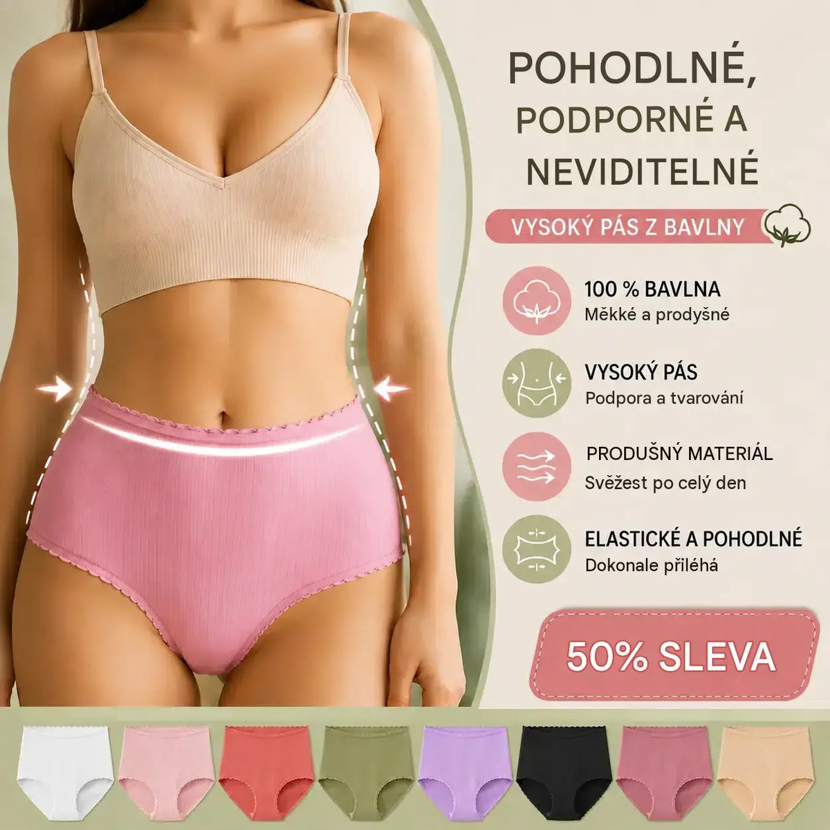 💥50% SLEVA💥 8 ks Vysokopásové dámské kalhotky, nepromokavé antibakteriální, tvarovací, pro váhu 35–100 kg, velké velikosti 💖⏳