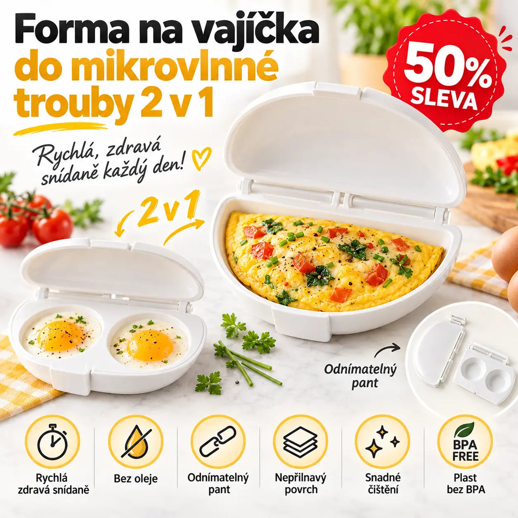 🔥50% SLEVA🔥 Forma na vajíčka do mikrovlnné trouby 2 v 1 – rychlá zdravá snídaně bez oleje, odnímatelný pant, nepřilnavý povrch, snadné čištění, plast bez BPA ✨