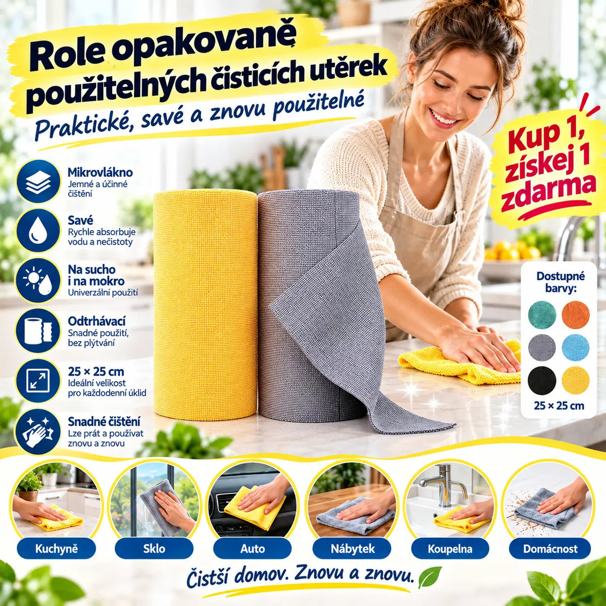 ✨🧼 Kup 1, získej 1 zdarma｜Role opakovaně použitelných čisticích utěrek, odtrhávací, mikrovlákno, savé, kuchyňské, 25×25 cm