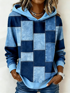 🔥50% SLEVA【S–5XL】Dámská mikina s kapucí, dlouhý rukáv, patchwork kostkovaný potisk, volný střih podzim zima 2026