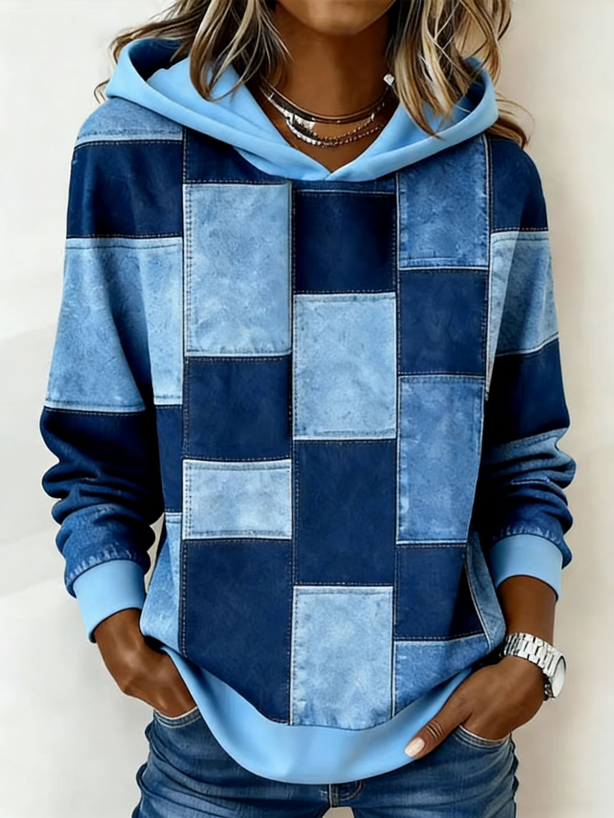 🔥50% SLEVA【S–5XL】Dámská mikina s kapucí, dlouhý rukáv, patchwork kostkovaný potisk, volný střih podzim zima 2026
