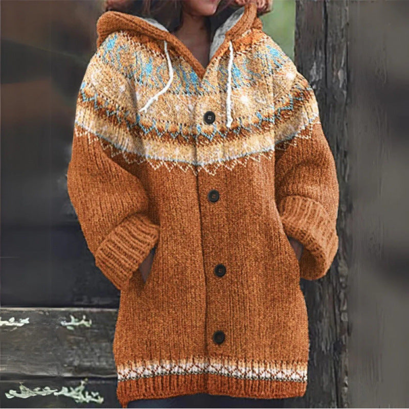 🔥50% SLEVA🔥 ✨Nová dámská pletená bunda s kapucí, geometrický vzor, zapínání na knoflíky, podzim/zima, velikosti S–5XL