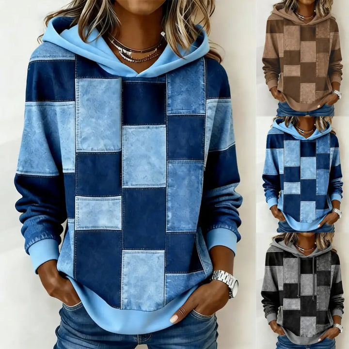 🔥50% SLEVA【S–5XL】Dámská mikina s kapucí, dlouhý rukáv, patchwork kostkovaný potisk, volný střih podzim zima 2026
