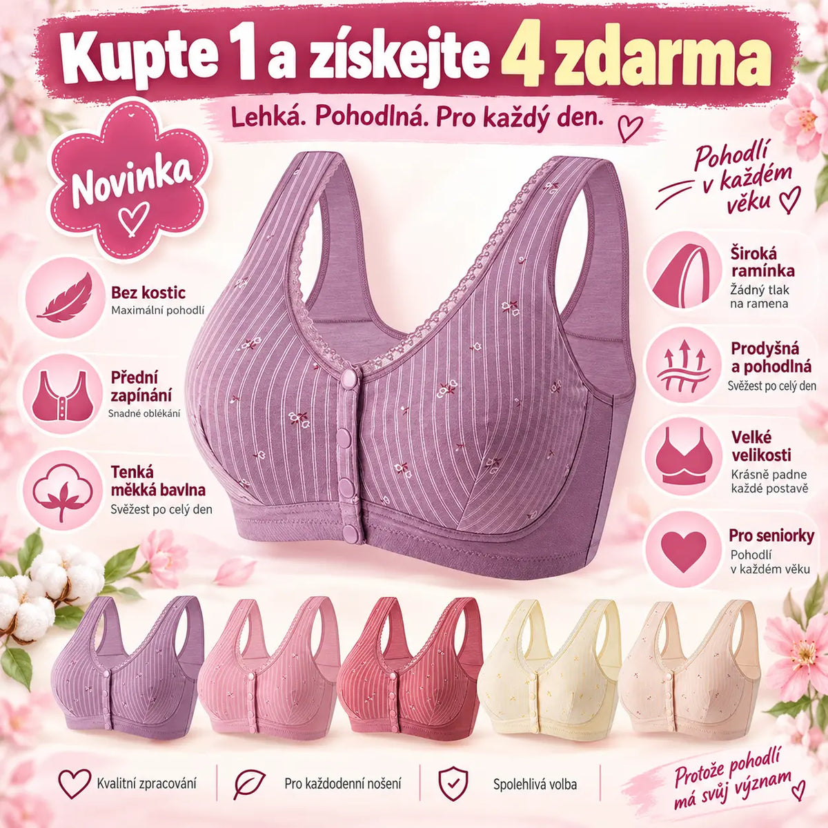 ✨Kupte 1 a získejte 4 zdarma✨ Novinka, dámská podprsenka bez kostic s předním zapínáním, široké ramínko, tenká měkká bavlna, velikosti 40–120 kg, velké velikosti pro seniorky