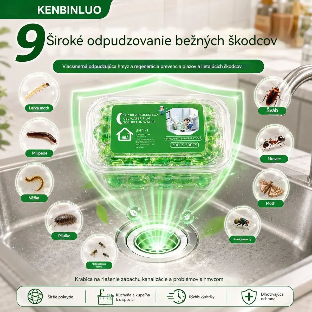 【Kup 1, dostaneš 1 zdarma】2 balení (100 ks) – 🔥 Oblíbený produkt! Kapsle do odtoků, rozpustné ve vodě, eliminují zápach, chrání před návratem pachu v koupelně a kuchyni