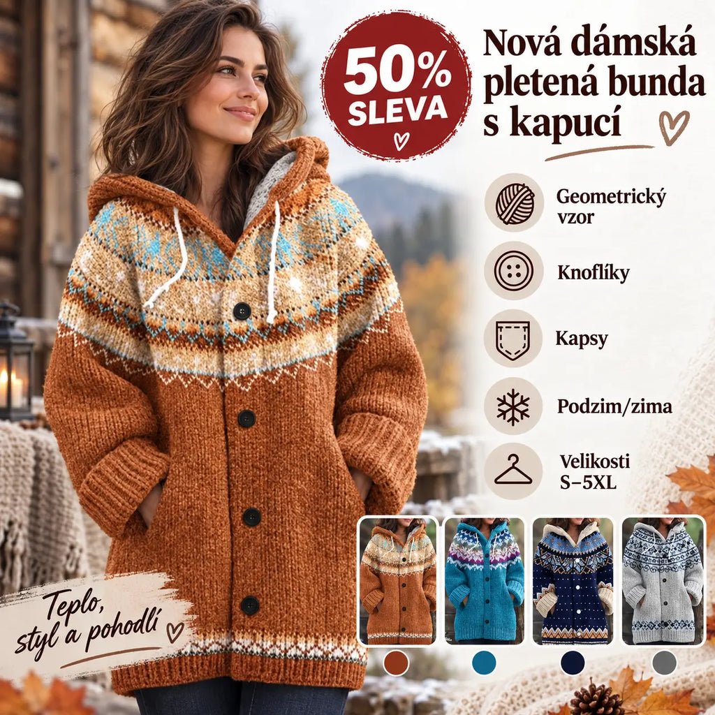 🔥50% SLEVA🔥 ✨Nová dámská pletená bunda s kapucí, geometrický vzor, zapínání na knoflíky, podzim/zima, velikosti S–5XL