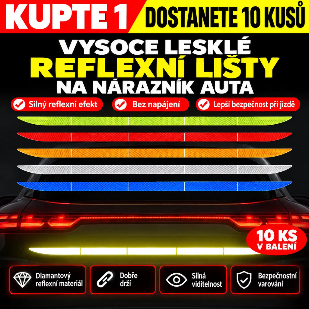 【Kupte 1, dostanete 10 kusů】✨🚗 Vysoce lesklé reflexní lišty na nárazník auta, noční světelné samolepky, ochrana proti zadnímu nárazu