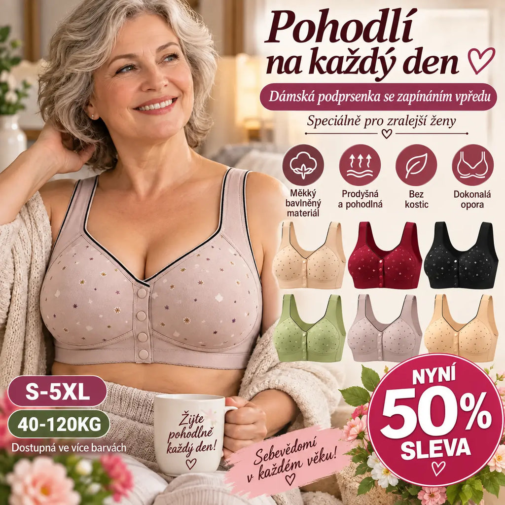 50% SLEVA 🔥👙【3dílná sada】Dámská podprsenka bez kostic se zapínáním vpředu, pro hmotnost 40–120 kg, pohodlná antibakteriální bavlněná podprsenka pro seniorky