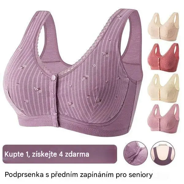✨Kupte 1 a získejte 4 zdarma✨ Novinka, dámská podprsenka bez kostic s předním zapínáním, široké ramínko, tenká měkká bavlna, velikosti 40–120 kg, velké velikosti pro seniorky