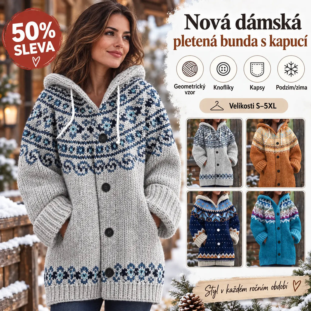 🔥50% SLEVA🔥 ✨Nová dámská pletená bunda s kapucí, geometrický vzor, zapínání na knoflíky, podzim/zima, velikosti S–5XL