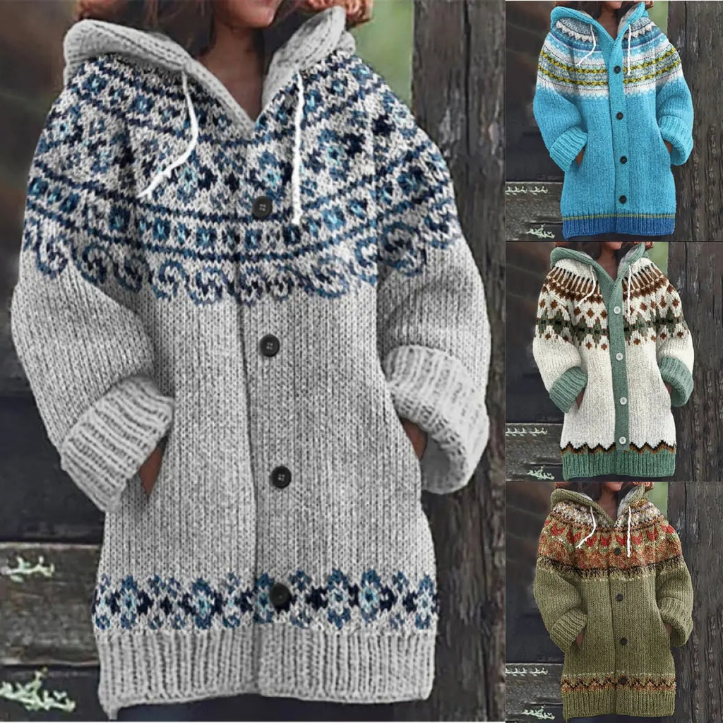 🔥50% SLEVA🔥 ✨Nová dámská pletená bunda s kapucí, geometrický vzor, zapínání na knoflíky, podzim/zima, velikosti S–5XL
