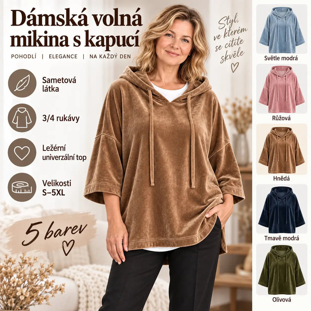 💥50% SLEVA✨【S-5XL】Dámská volná mikina s kapucí, 3/4 rukávy, sametová látka, podzim/zima 2026, ležérní univerzální top