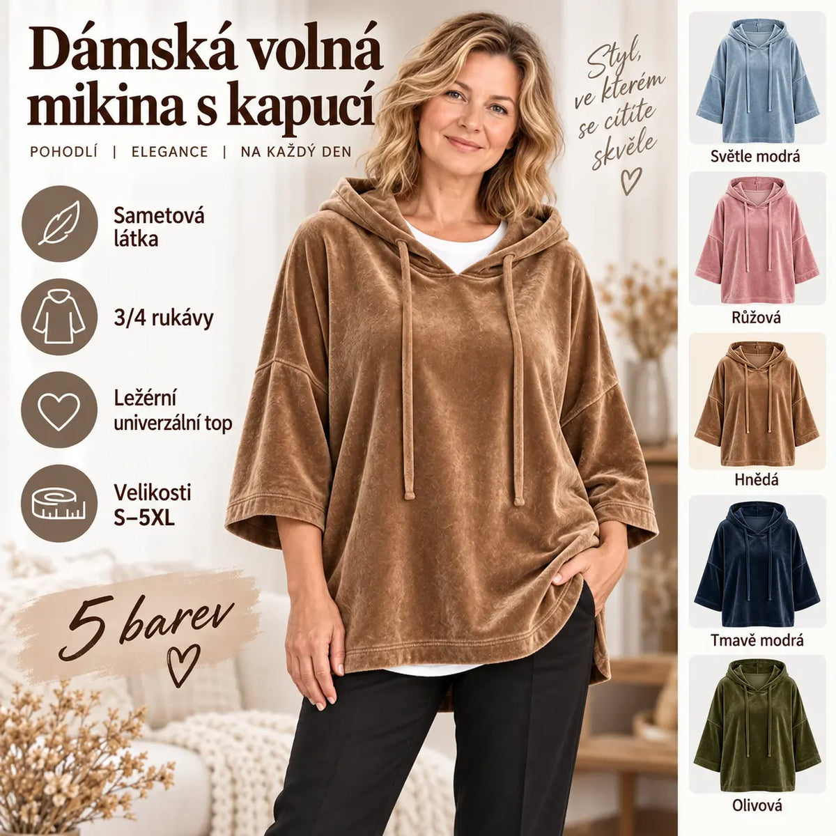 💥50% SLEVA✨【S-5XL】Dámská volná mikina s kapucí, 3/4 rukávy, sametová látka, podzim/zima 2026, ležérní univerzální top