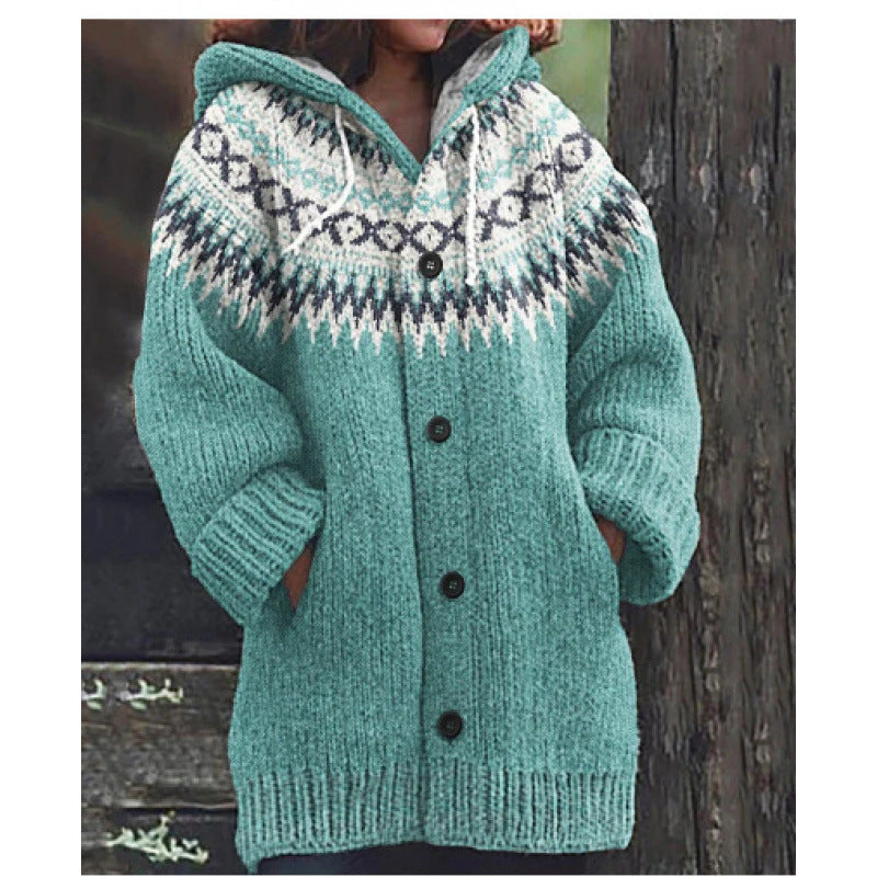 🔥50% SLEVA🔥 ✨Nová dámská pletená bunda s kapucí, geometrický vzor, zapínání na knoflíky, podzim/zima, velikosti S–5XL
