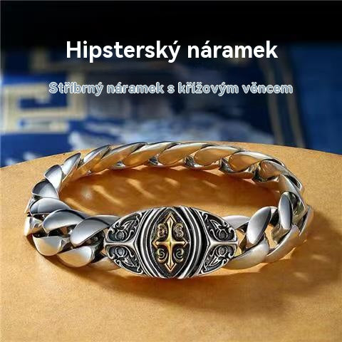 Pánský stříbrný náramek S925 s moderním dominantním křížem