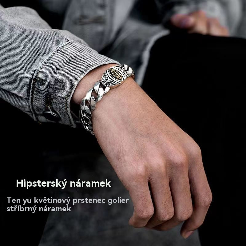 Pánský stříbrný náramek S925 s moderním dominantním křížem