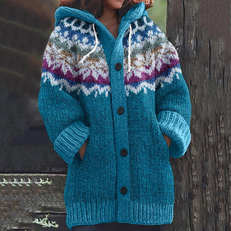 🔥50% SLEVA🔥 ✨Nová dámská pletená bunda s kapucí, geometrický vzor, zapínání na knoflíky, podzim/zima, velikosti S–5XL