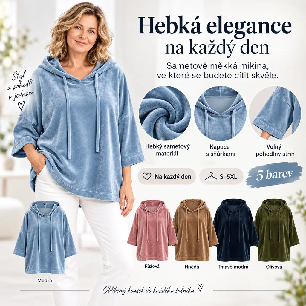 💥50% SLEVA✨【S-5XL】Dámská volná mikina s kapucí, 3/4 rukávy, sametová látka, podzim/zima 2026, ležérní univerzální top