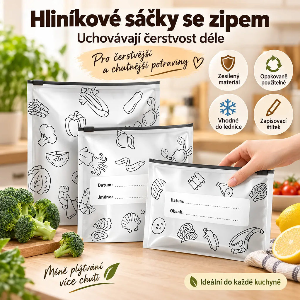 🔥50% SLEVA🔥【30 kusů】Potravinářské hliníkové fóliové sáčky se zipem, zesílené, uchovávají čerstvost, domácí kuchyně, vhodné do lednice