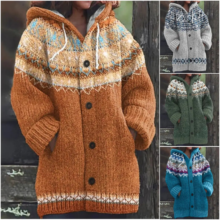 🔥50% SLEVA🔥 ✨Nová dámská pletená bunda s kapucí, geometrický vzor, zapínání na knoflíky, podzim/zima, velikosti S–5XL