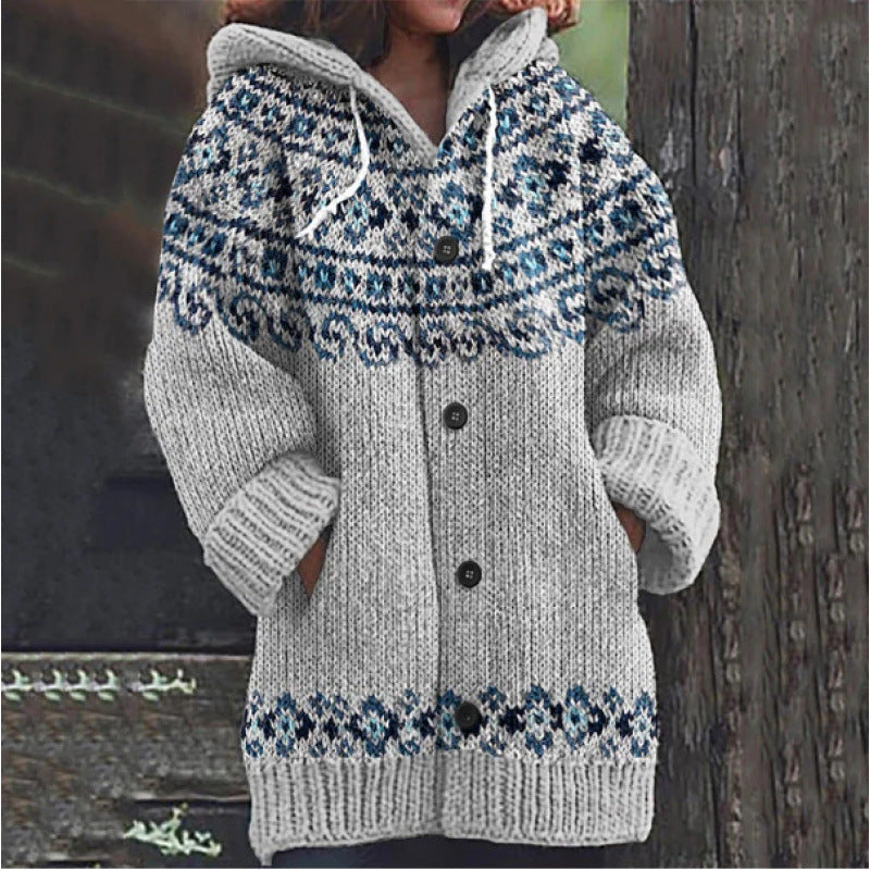 🔥50% SLEVA🔥 ✨Nová dámská pletená bunda s kapucí, geometrický vzor, zapínání na knoflíky, podzim/zima, velikosti S–5XL