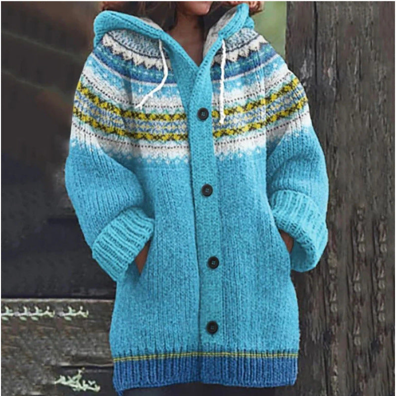 🔥50% SLEVA🔥 ✨Nová dámská pletená bunda s kapucí, geometrický vzor, zapínání na knoflíky, podzim/zima, velikosti S–5XL