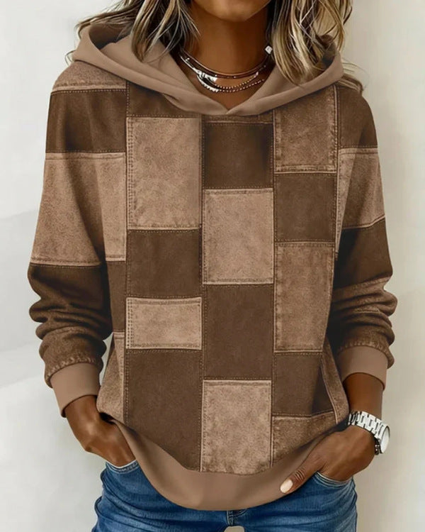 🔥50% SLEVA【S–5XL】Dámská mikina s kapucí, dlouhý rukáv, patchwork kostkovaný potisk, volný střih podzim zima 2026