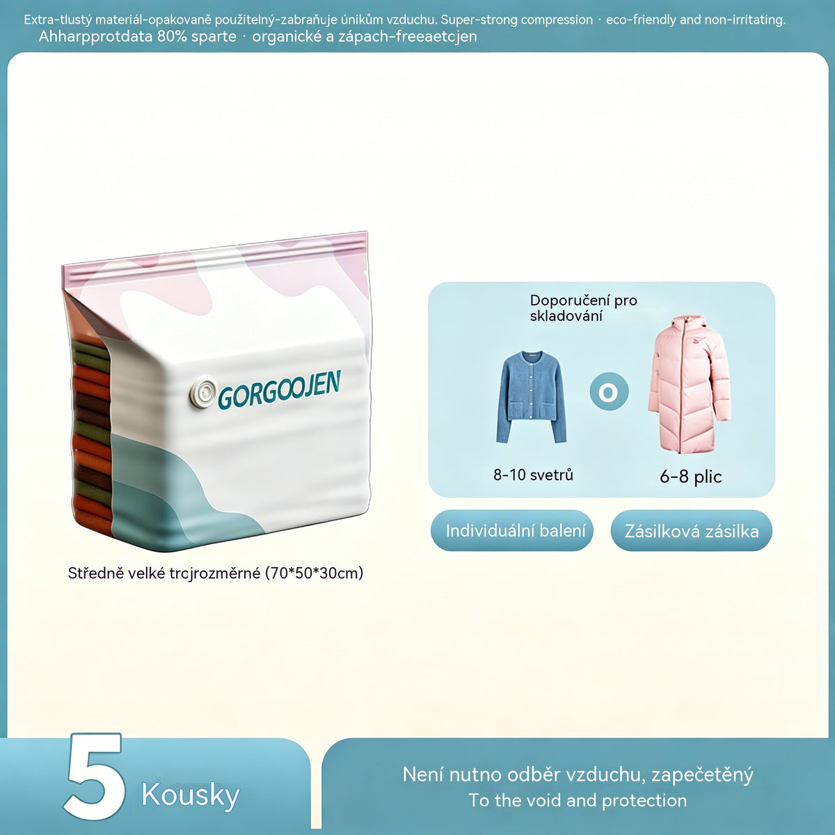 🔥 50% SLEVA | 【5 ks | 70*50*30 cm】Velké 3D kompresní úložné vaky bez pumpy – úspora místa doma i na cestách