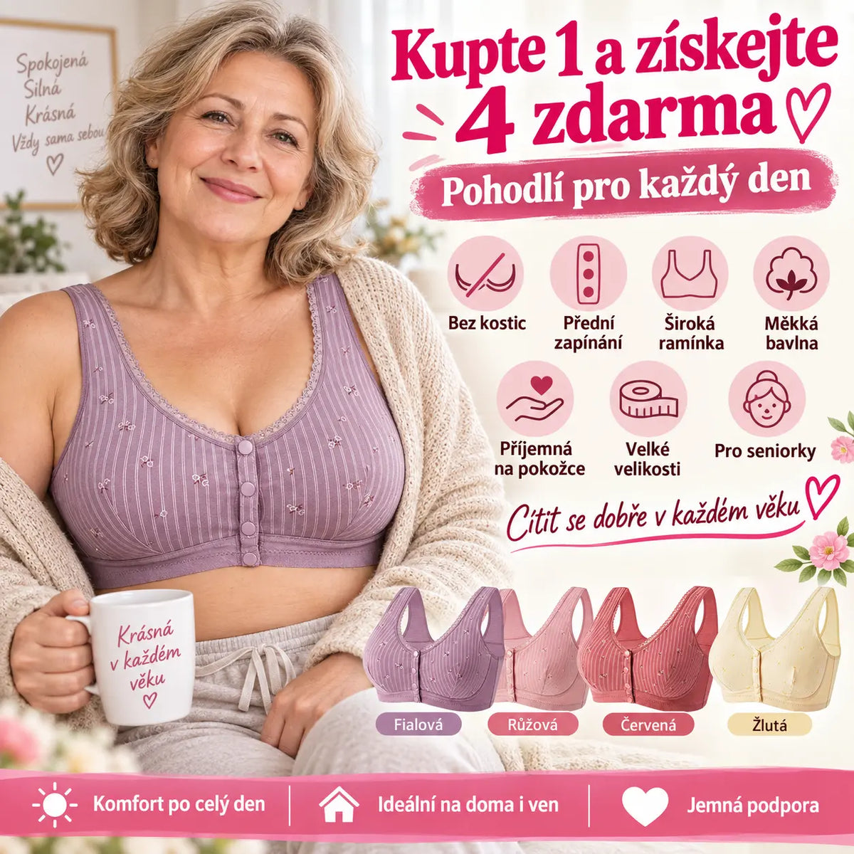 ✨Kupte 1 a získejte 4 zdarma✨ Novinka, dámská podprsenka bez kostic s předním zapínáním, široké ramínko, tenká měkká bavlna, velikosti 40–120 kg, velké velikosti pro seniorky