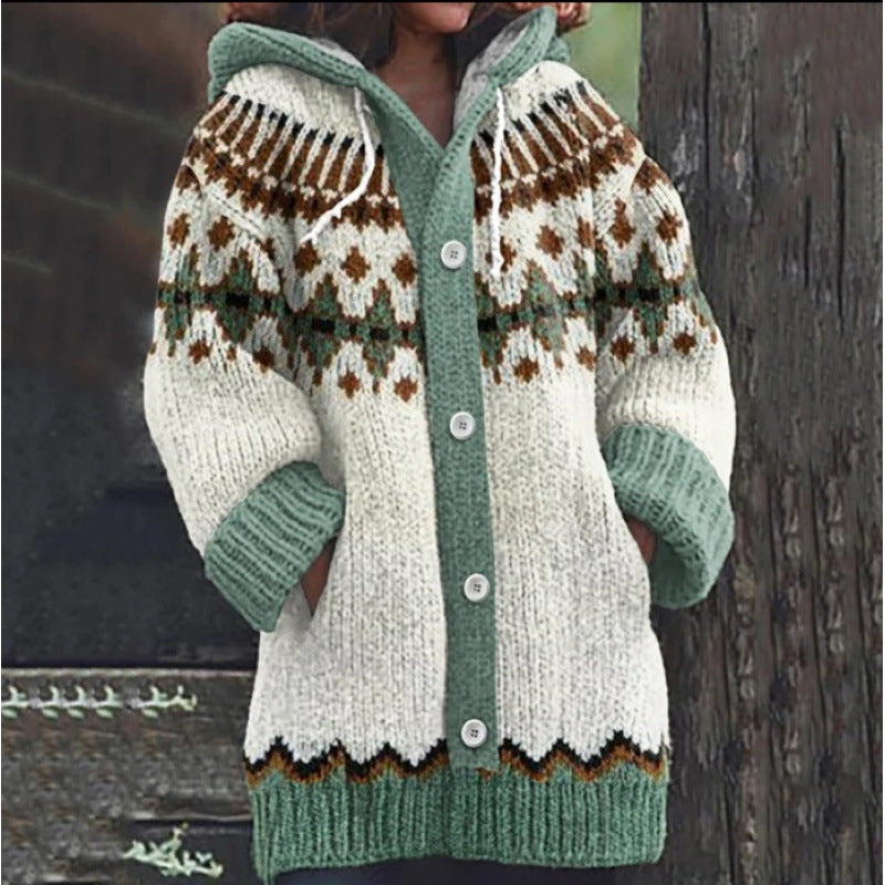 🔥50% SLEVA🔥 ✨Nová dámská pletená bunda s kapucí, geometrický vzor, zapínání na knoflíky, podzim/zima, velikosti S–5XL