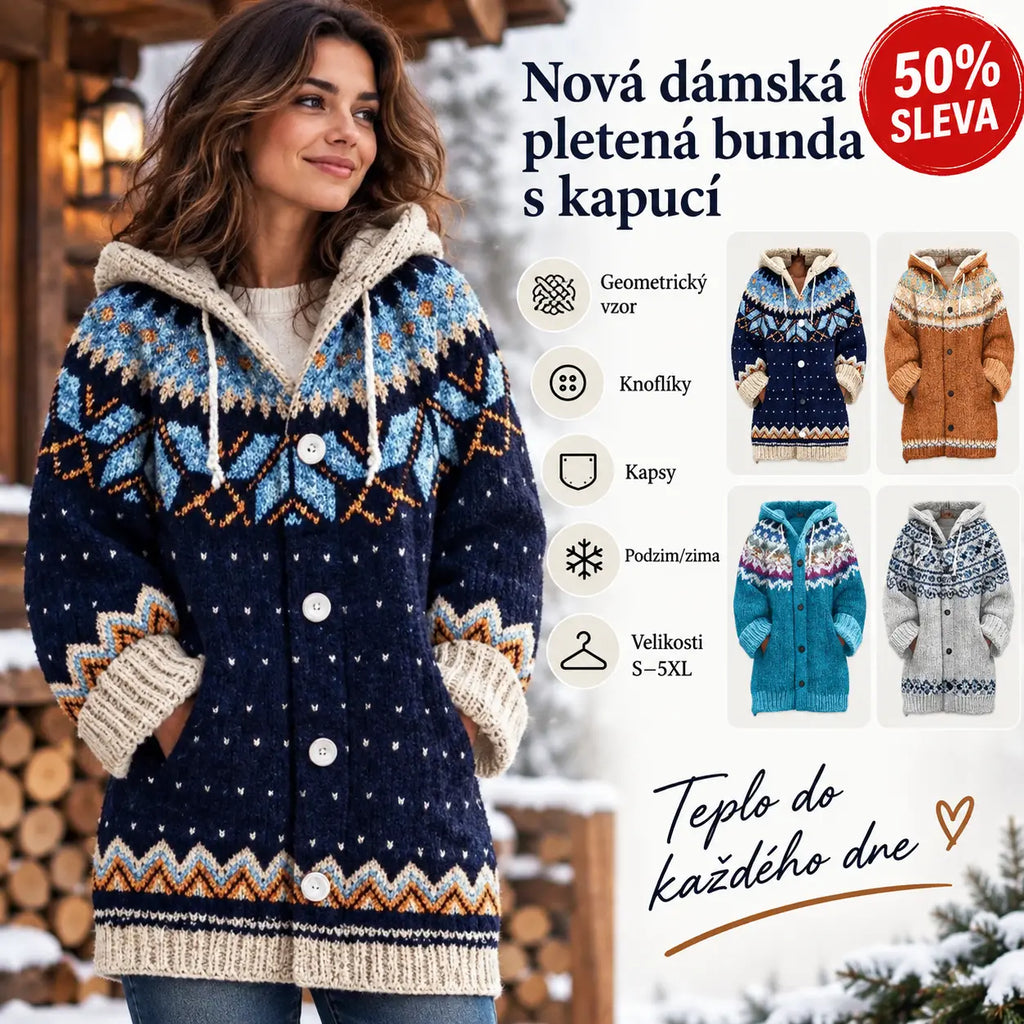 🔥50% SLEVA🔥 ✨Nová dámská pletená bunda s kapucí, geometrický vzor, zapínání na knoflíky, podzim/zima, velikosti S–5XL