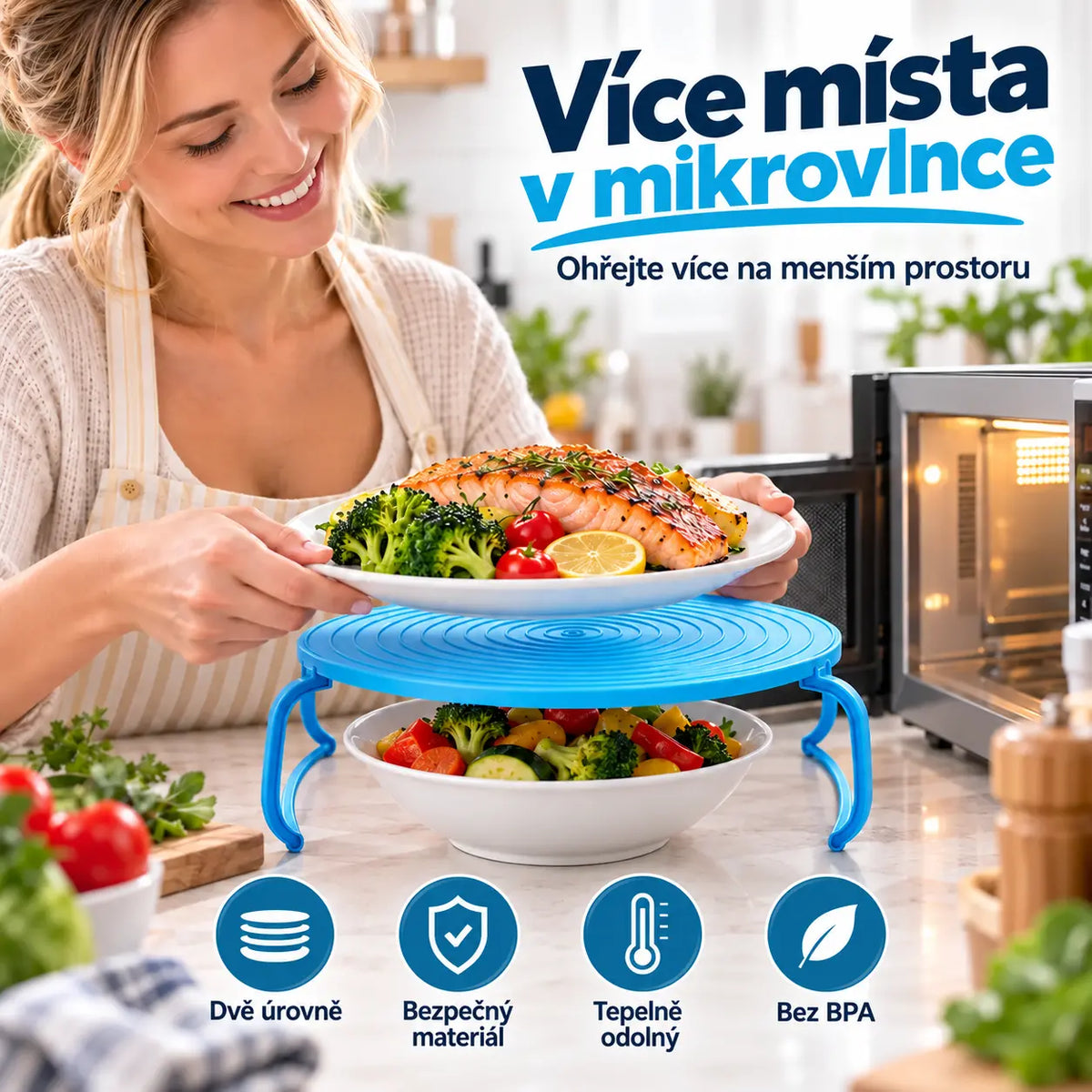 🔥 ✨Kupte 1 a získejte 1 zdarma｜Víceúčelový dvouvrstvý stojánek do mikrovlnky, podnosový regál, teplotně odolná podložka na hrnce, šetří místo v mikrovlnce, 3 barvy skladem 🍳✨