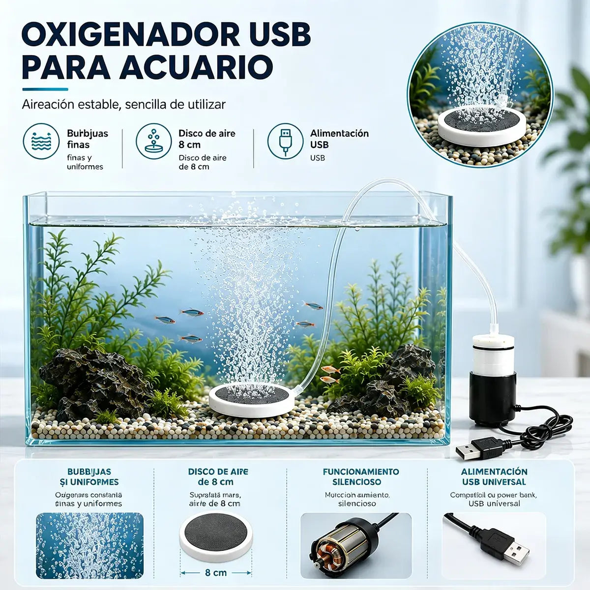 🔥50% SLEVA 🐟🔇Ultra tiché USB okysličovací čerpadlo do akvária, přenosné dobíjecí, nastavitelný průtok vzduchu, s 8cm nano vzduchovým diskem, vhodné pro domácí akvária a rybaření