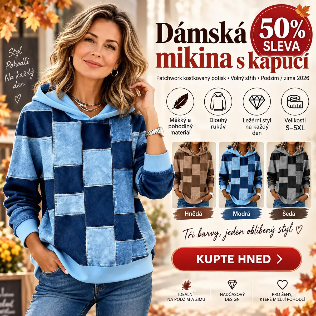 🔥50% SLEVA【S–5XL】Dámská mikina s kapucí, dlouhý rukáv, patchwork kostkovaný potisk, volný střih podzim zima 2026