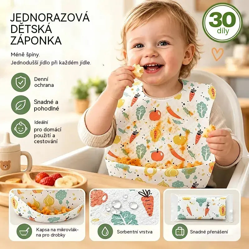 🔥50% SLEVA🔥 Balení 30 kusů 👶 Jednorázový dětský bryndák s nepropustnou 3D kapsou, voděodolný, tenký a praktický na cestování 🍽️