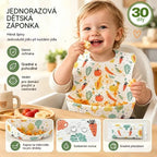🔥50% SLEVA🔥 Balení 30 kusů 👶 Jednorázový dětský bryndák s nepropustnou 3D kapsou, voděodolný, tenký a praktický na cestování 🍽️