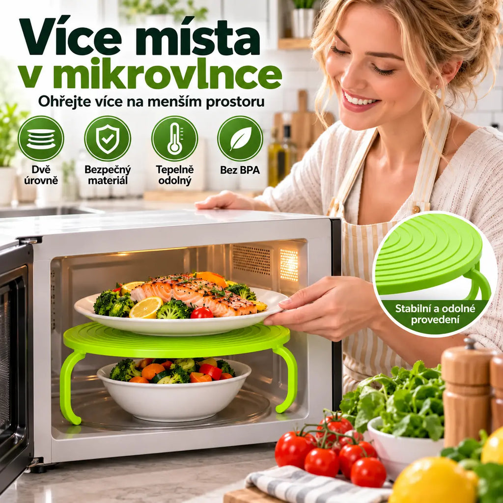 🔥 ✨Kupte 1 a získejte 1 zdarma｜Víceúčelový dvouvrstvý stojánek do mikrovlnky, podnosový regál, teplotně odolná podložka na hrnce, šetří místo v mikrovlnce, 3 barvy skladem 🍳✨