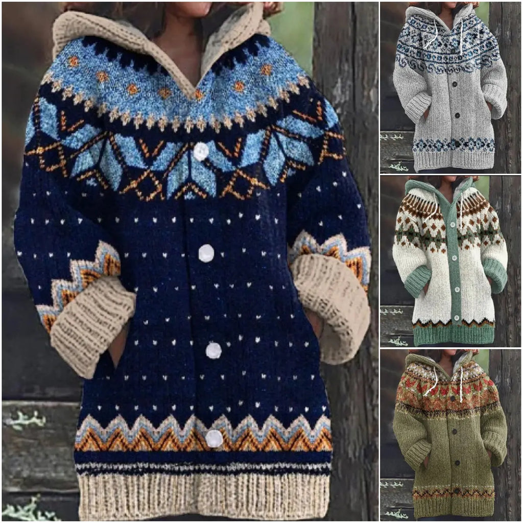 🔥50% SLEVA🔥 ✨Nová dámská pletená bunda s kapucí, geometrický vzor, zapínání na knoflíky, podzim/zima, velikosti S–5XL