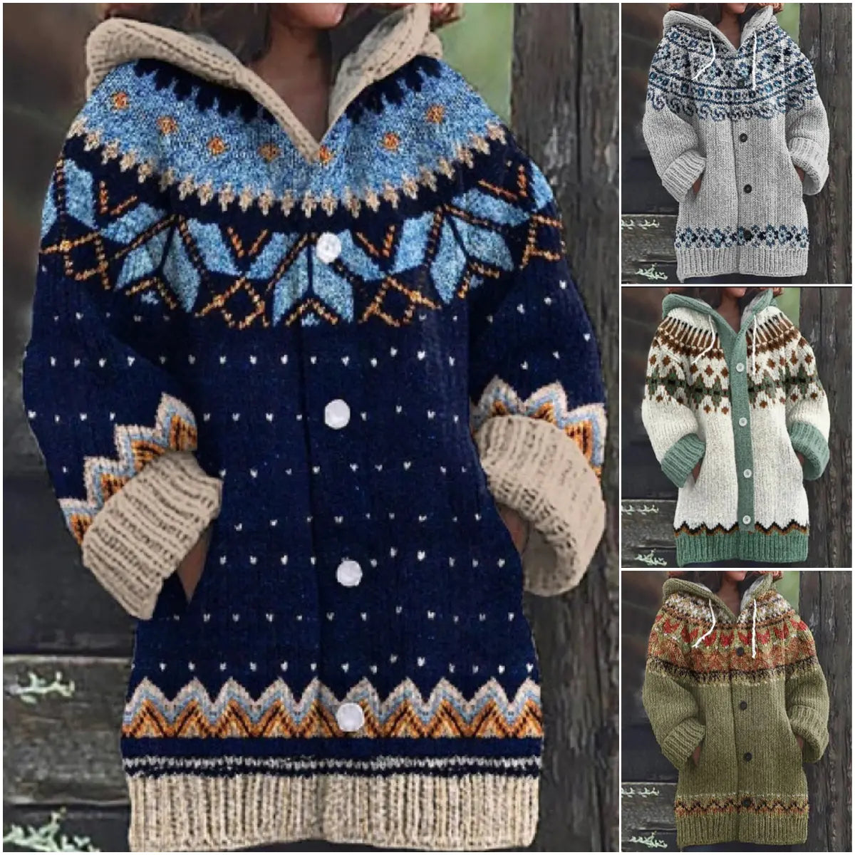 🔥50% SLEVA🔥 ✨Nová dámská pletená bunda s kapucí, geometrický vzor, zapínání na knoflíky, podzim/zima, velikosti S–5XL