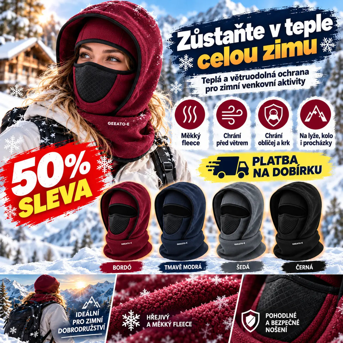 【50% SLEVA】🎉🧣❄️ Dvouvrstvá fleecová čepice s integrovaným šátkem, teplá a větruodolná, chrání obličej a krk, vhodná na lyžování, cyklistiku a zimní venkovní aktivity