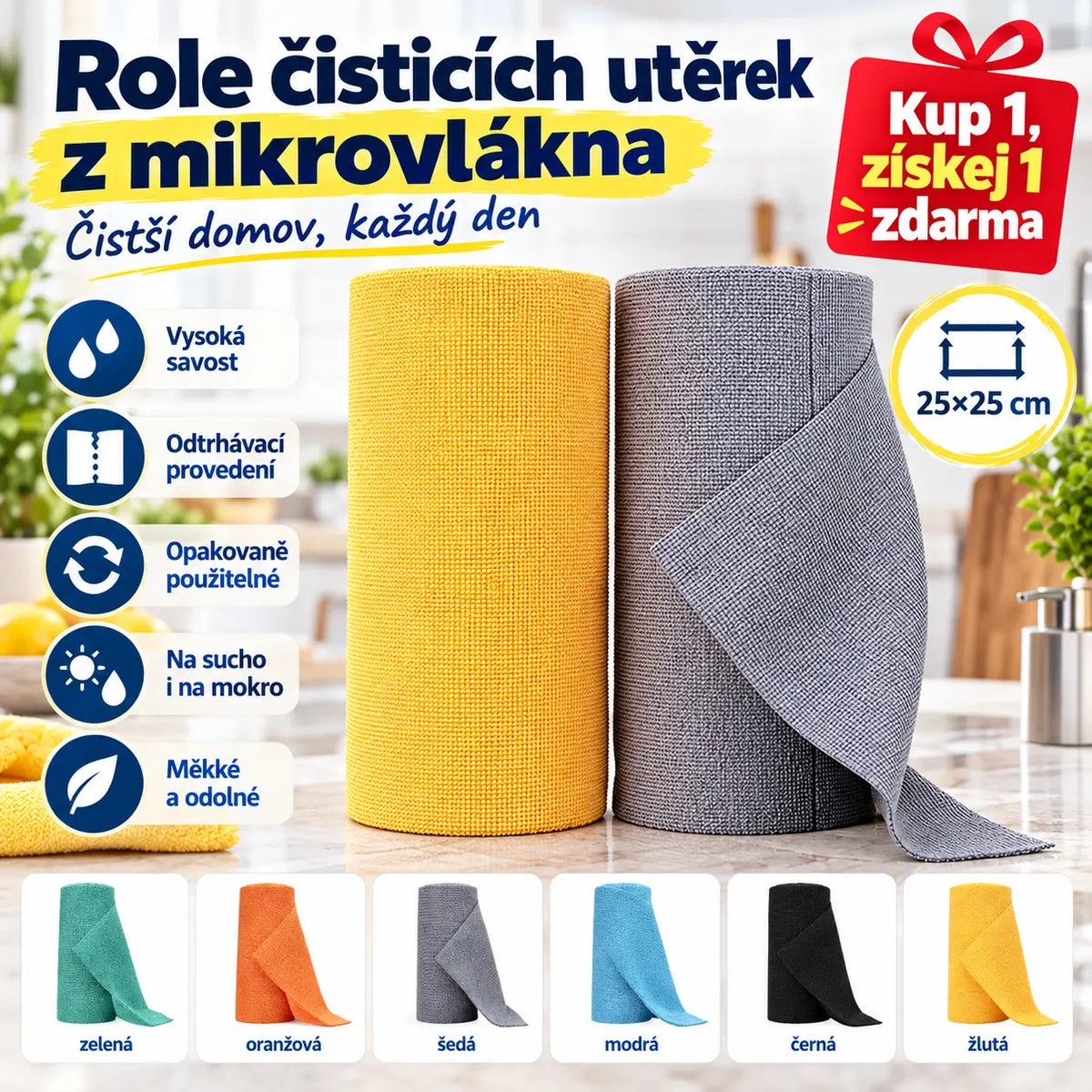 ✨🧼 Kup 1, získej 1 zdarma｜Role opakovaně použitelných čisticích utěrek, odtrhávací, mikrovlákno, savé, kuchyňské, 25×25 cm