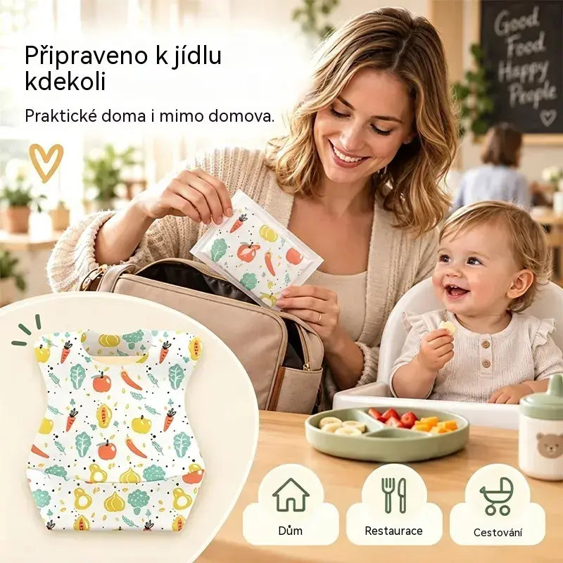 🔥50% SLEVA🔥 Balení 30 kusů 👶 Jednorázový dětský bryndák s nepropustnou 3D kapsou, voděodolný, tenký a praktický na cestování 🍽️
