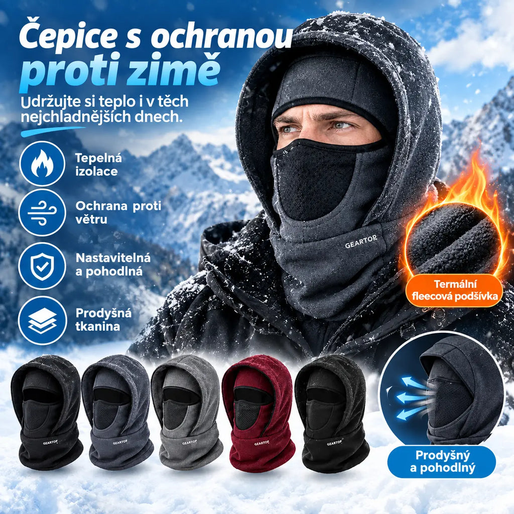 【50% SLEVA】🎉🧣❄️ Dvouvrstvá fleecová čepice s integrovaným šátkem, teplá a větruodolná, chrání obličej a krk, vhodná na lyžování, cyklistiku a zimní venkovní aktivity