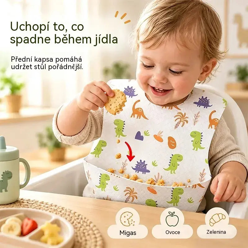 🔥50% SLEVA🔥 Balení 30 kusů 👶 Jednorázový dětský bryndák s nepropustnou 3D kapsou, voděodolný, tenký a praktický na cestování 🍽️