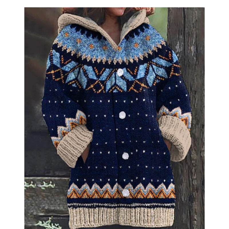 🔥50% SLEVA🔥 ✨Nová dámská pletená bunda s kapucí, geometrický vzor, zapínání na knoflíky, podzim/zima, velikosti S–5XL