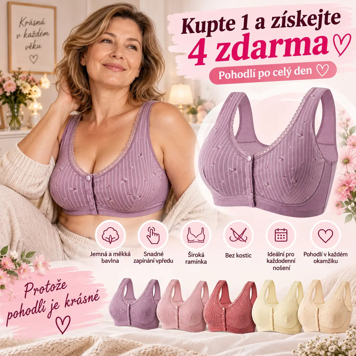 ✨Kupte 1 a získejte 4 zdarma✨ Novinka, dámská podprsenka bez kostic s předním zapínáním, široké ramínko, tenká měkká bavlna, velikosti 40–120 kg, velké velikosti pro seniorky